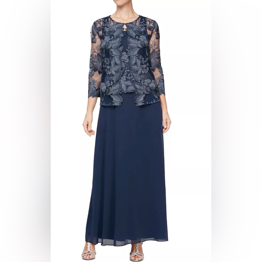 ✨🆕Alex Evenings Floral Embroidered Navy Gown and Jacket, Size 8✨